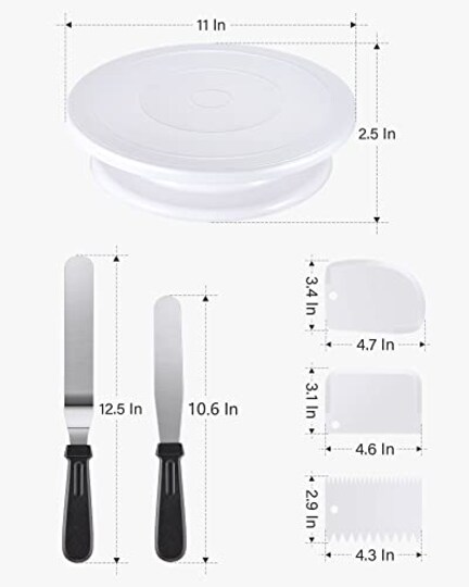 Kootek; Cake Decorating Kit Baking Supplies Cake Turntable with 2 Frosting Straight Angled Spatula 3 Icing Smoother Scrapers Baking Accessories Tools for Beginners and Pros, White; Category:Decorating Tools; Image:1